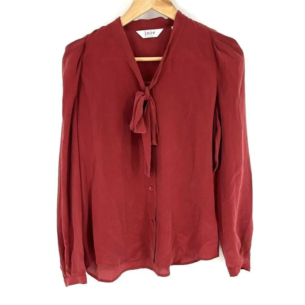 Joie Blouse Size XS Womens Red Eldridge Silk Tie Neck Top Button Up Puff Sleeve